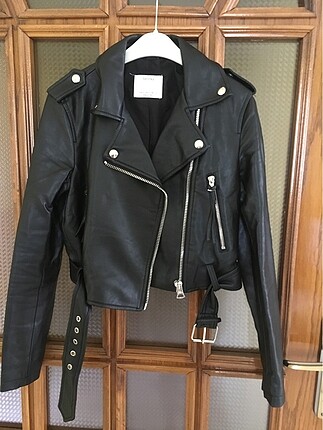 Crop biker deri ceket
