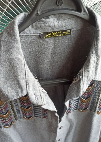 Bohem Nakışlı Gri Uzun Kollu Kadın Gömlek - Görsel 2