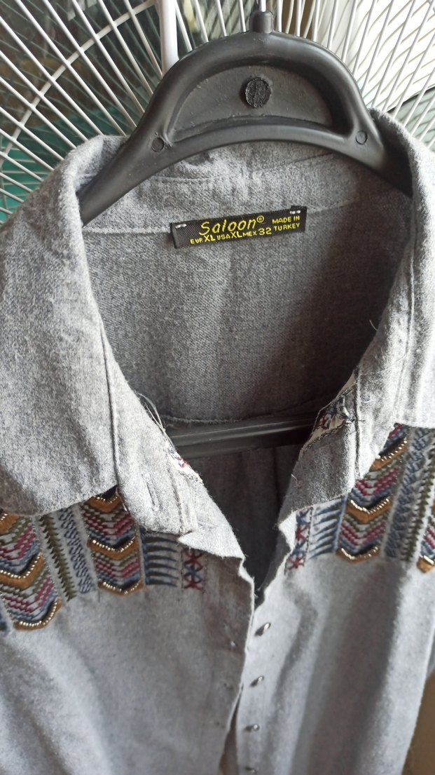 Bohem Nakışlı Gri Uzun Kollu Kadın Gömlek - Görsel 2