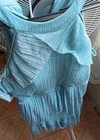 Mavi Pliseli Mini Abiye Elbise - Görsel 2