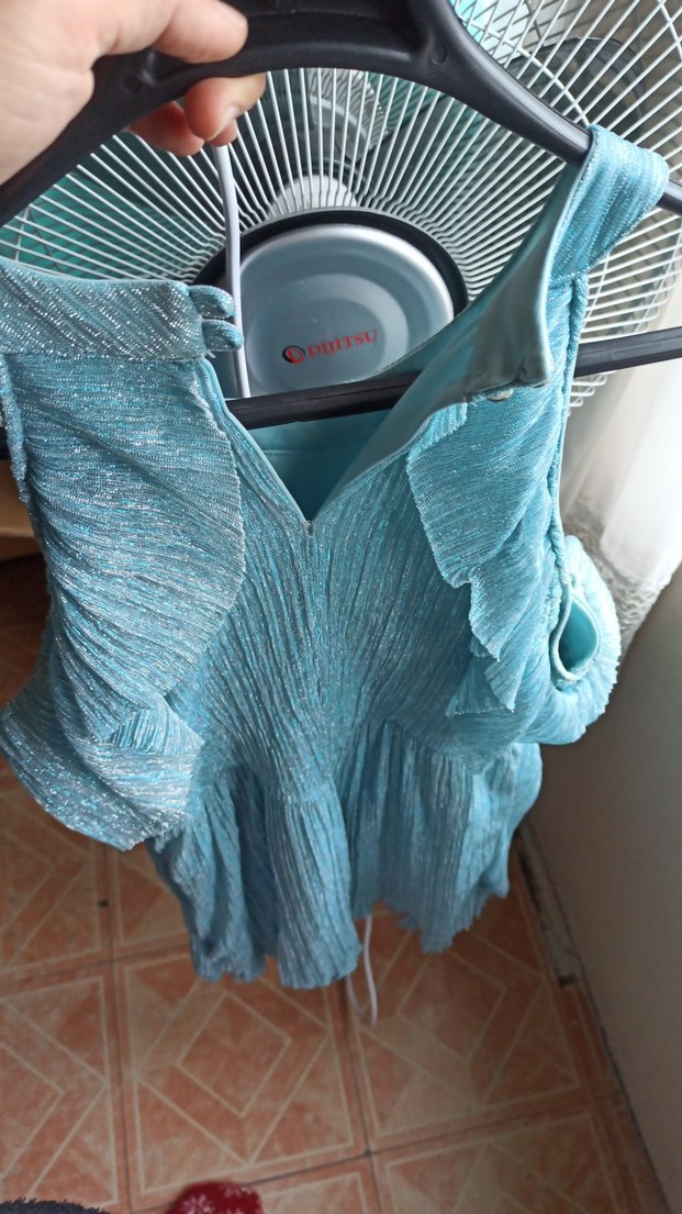 Mavi Pliseli Mini Abiye Elbise - Görsel 5