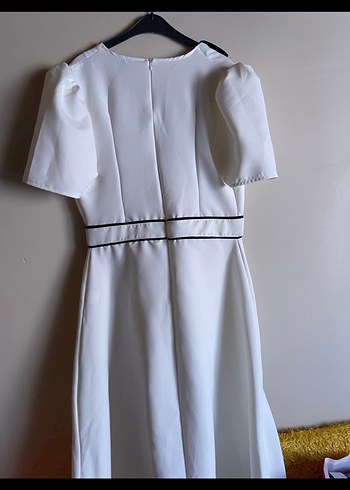 Düğmeli V Yaka Midi Beyaz Kadın Elbise nikah elbisesi - Görsel 3