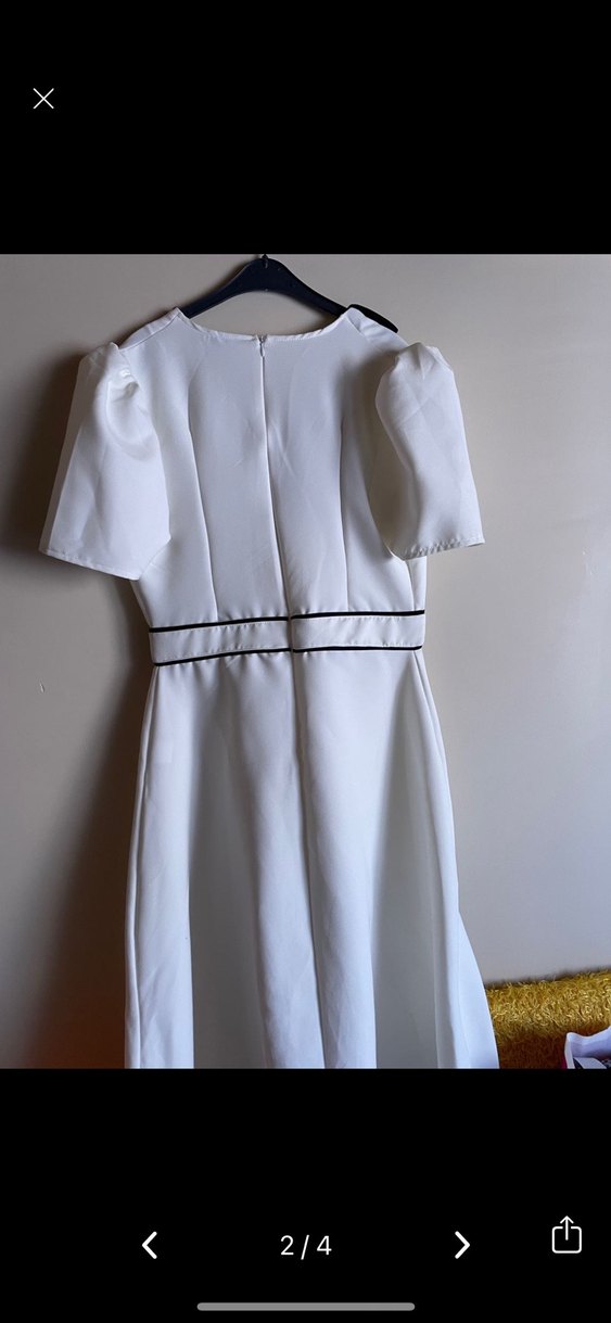 Düğmeli V Yaka Midi Beyaz Kadın Elbise nikah elbisesi - Görsel 3