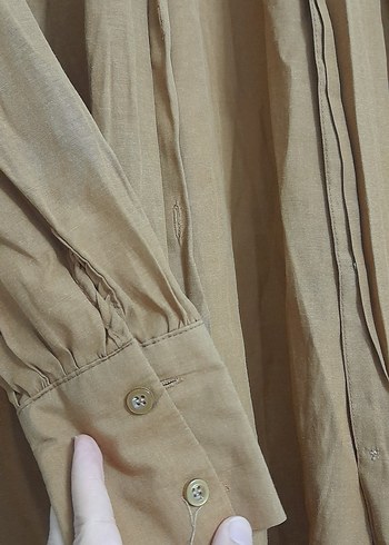 Düğmeli Bej Hamile Keten Gömlek - Görsel 5