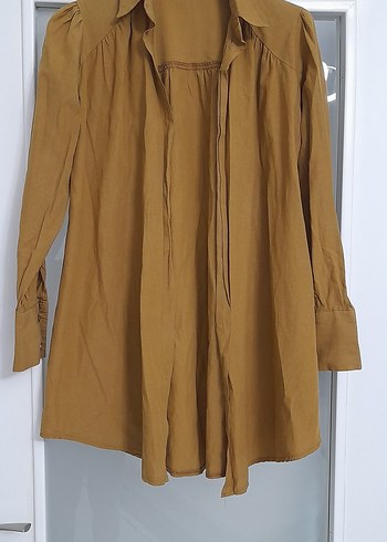 Düğmeli Bej Hamile Keten Gömlek - Görsel 2