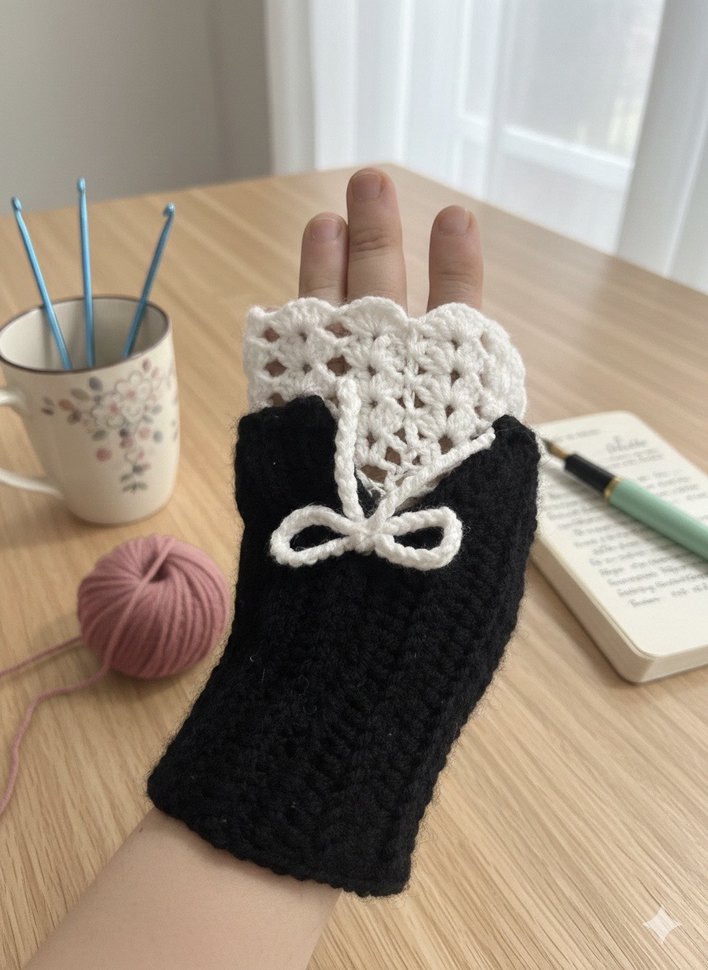 Dantel Detaylı Siyah Örgü Kadın Eldiveni - Görsel 5