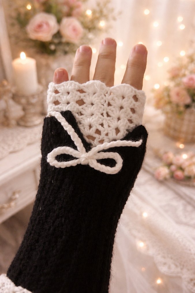 Dantel Detaylı Siyah Örgü Kadın Eldiveni - Görsel 3