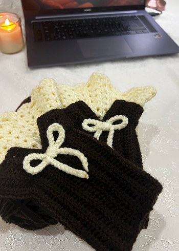 Bej ve Siyah Örgü Kadın Eldiven el emeği - Görsel 2