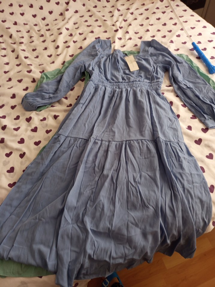 mavi Uzun Keten Bohem Elbise - Görsel 2