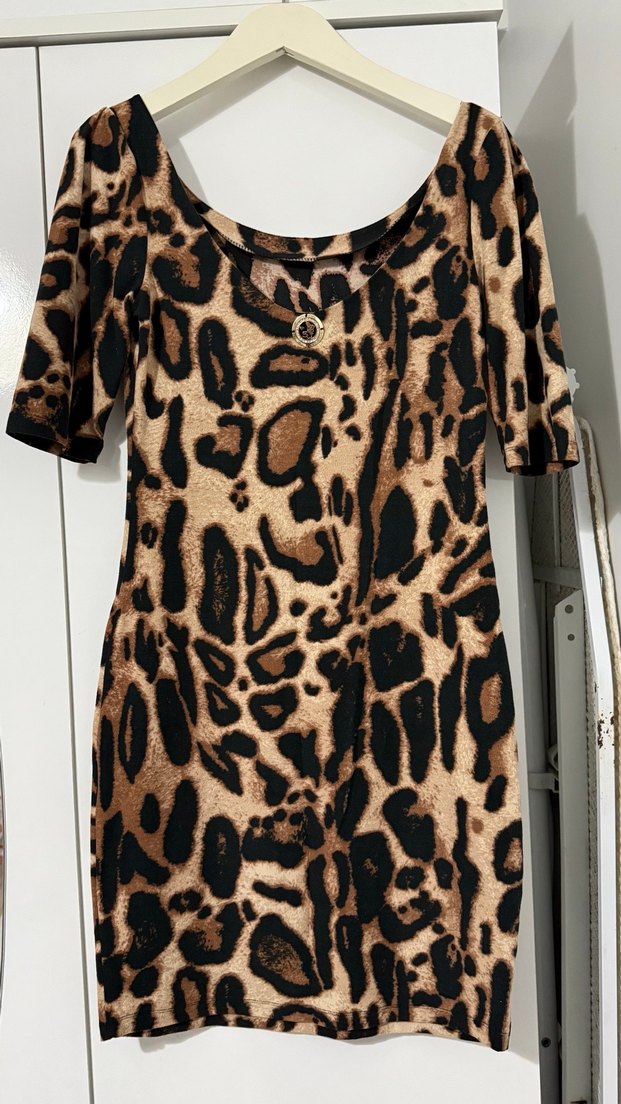 Kahverengi Leopar Desenli Mini Elbise - Görsel 2