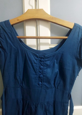 Yuvarlak Yaka Kısa Kollu Lacivert Keten Midi Elbise - Görsel 3