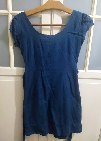 Yuvarlak Yaka Kısa Kollu Lacivert Keten Midi Elbise - Görsel 2