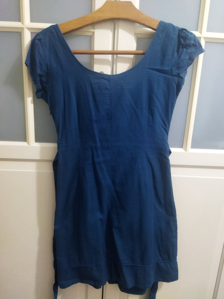 Yuvarlak Yaka Kısa Kollu Lacivert Keten Midi Elbise - Görsel 2