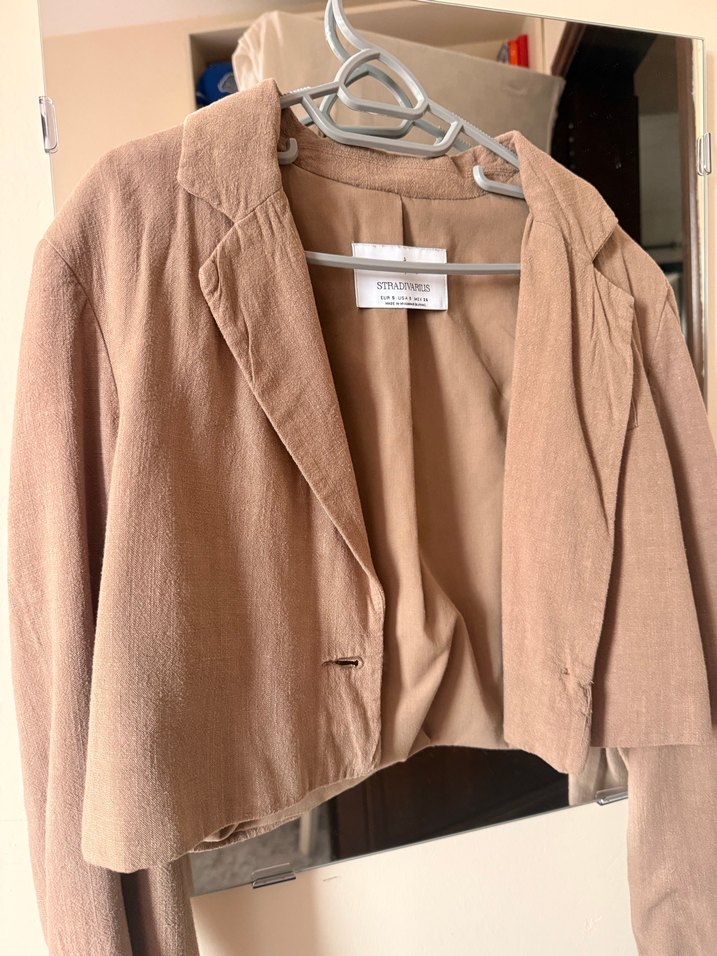 Kahverengi Keten Kadın Blazer Ceket - Görsel 3