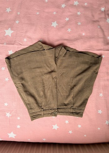 Kadın Kahverengi Yüksek Bel Keten Midi Şort - Görsel 3