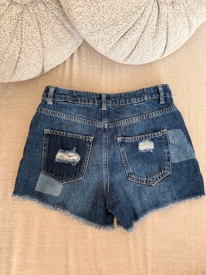 Lacivert Düğmeli Salaş Mini Kot Şort - Görsel 4