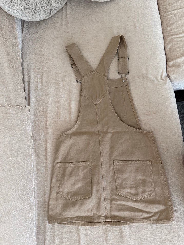 Bej Keten Midi Kadın Salopet - Görsel 5