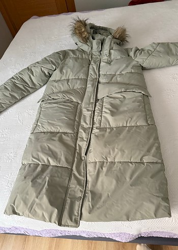 Gri Midi Kadın Kışlık Mont Kürklü Kapüşonlu - Görsel 8