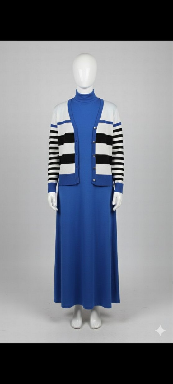 Uzun Mavi Yüksek Yakalı Kadın Elbise - Görsel 2