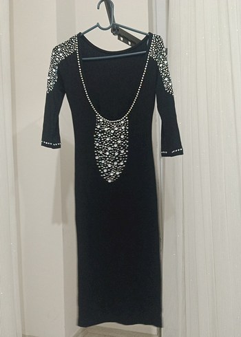 Uzun Kollu Siyah Payetli Kadın Elbise - Görsel 2