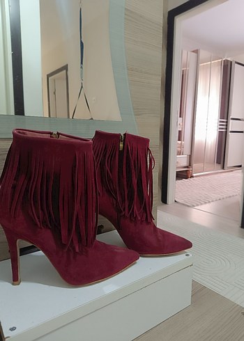 Bordo Süet Püsküllü Stiletto Bot - Görsel 2