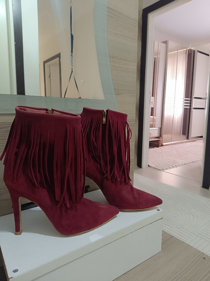 Bordo Süet Püsküllü Stiletto Bot - Görsel 2