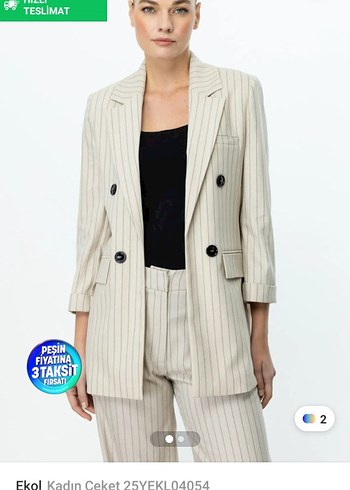 Bej Çizgili Kadın Blazer Ceket ve pantolon