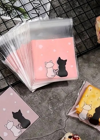 25li paket Pembe Kedi Desenli Küçük Poşetler