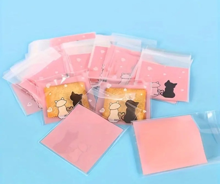25li paket Pembe Kedi Desenli Küçük Poşetler - Görsel 2