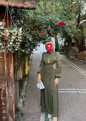 Drapeli Haki Kadın Uzun Abiye Elbise