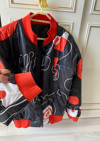 Genç Kızlar İçin Kırmızı Siyah Fermuarlı Kış Montu - Görsel 4