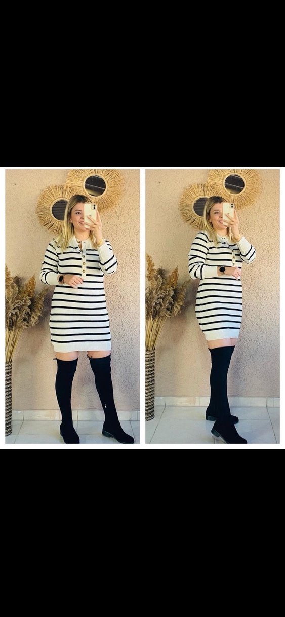 Çizgili Triko Midi Elbise - Görsel 2