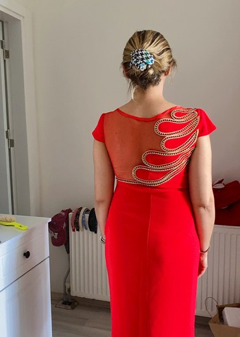 Kısa Kollu Kırmızı Midi Kalem Elbise - Görsel 2