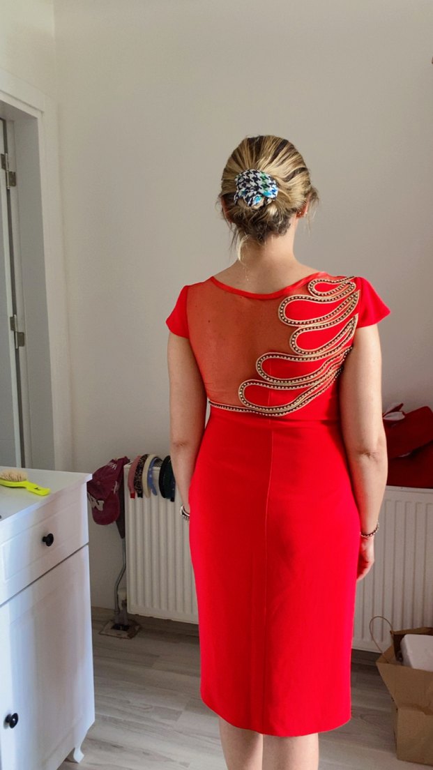 Kısa Kollu Kırmızı Midi Kalem Elbise - Görsel 2