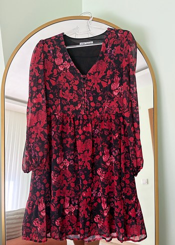 Bordo Şeffaf Uzun Kollu Mini Bohem Elbise