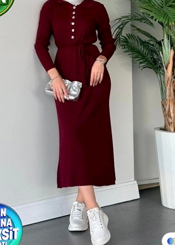 Trendyol & Milla Bordo Uzun Kollu Kemerli Triko Elbise