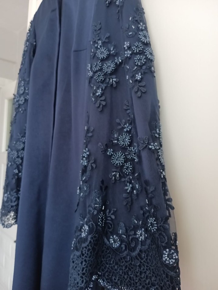 Drapeli Lacivert Uzun Kollu Kadın Abiye ferace - Görsel 3