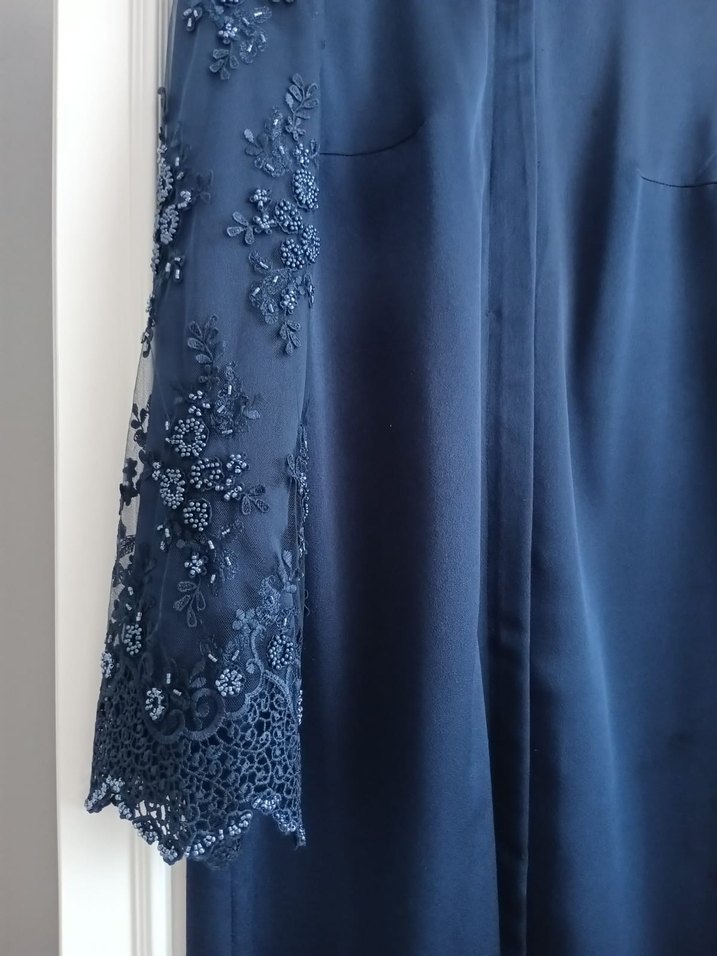 Drapeli Lacivert Uzun Kollu Kadın Abiye ferace - Görsel 4