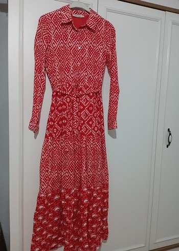 Kırmızı Desenli Uzun Bohem Elbise - Görsel 3