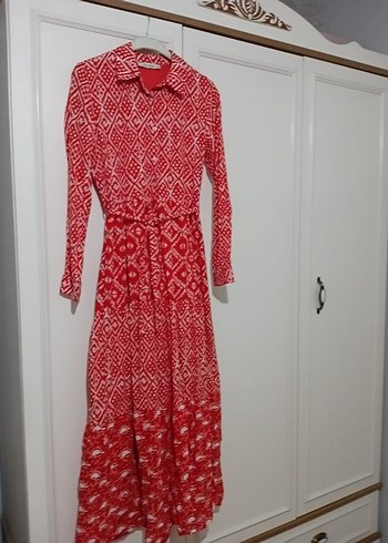 Kırmızı Desenli Uzun Bohem Elbise - Görsel 2