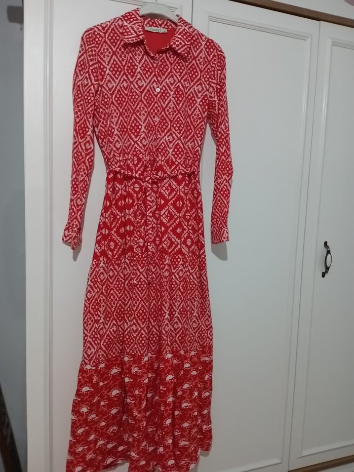 Kırmızı Desenli Uzun Bohem Elbise - Görsel 3