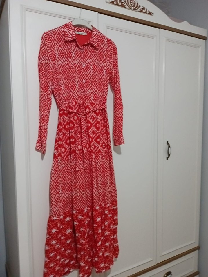 Kırmızı Desenli Uzun Bohem Elbise - Görsel 2