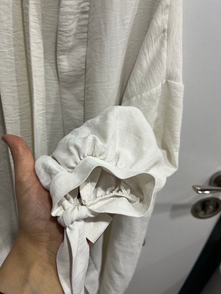 Beyaz Keten Uzun Kollu Bohem Kadın Kimono - Görsel 2