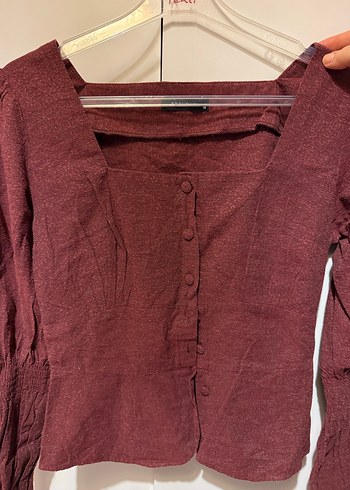 Bordo Düğmeli Uzun Kollu Keten Bluz - Görsel 3