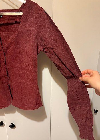 Bordo Düğmeli Uzun Kollu Keten Bluz - Görsel 2