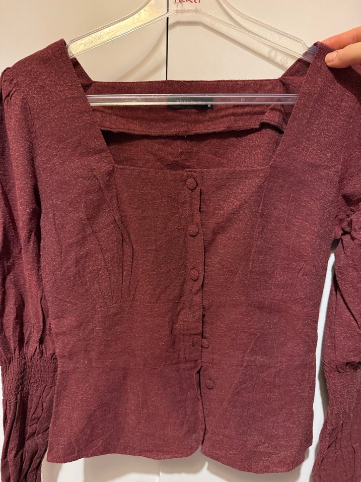 Bordo Düğmeli Uzun Kollu Keten Bluz - Görsel 3