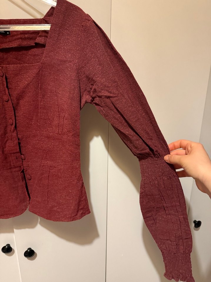 Bordo Düğmeli Uzun Kollu Keten Bluz - Görsel 2