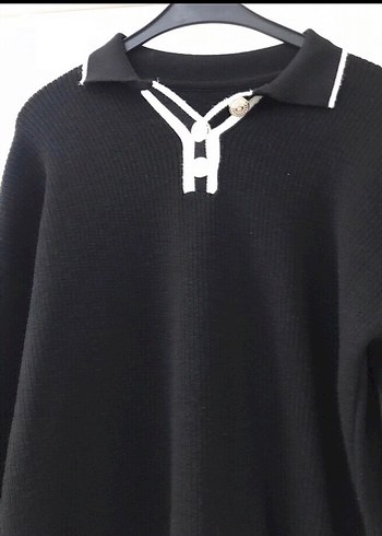 Siyah Örgü Yaka Detaylı Uzun Kollu Kazak - Görsel 2