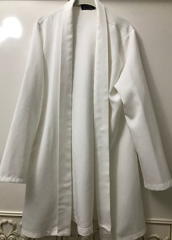 Beyaz Midi Kadın Uzun Kollu Salaş Ceket - Görsel 4