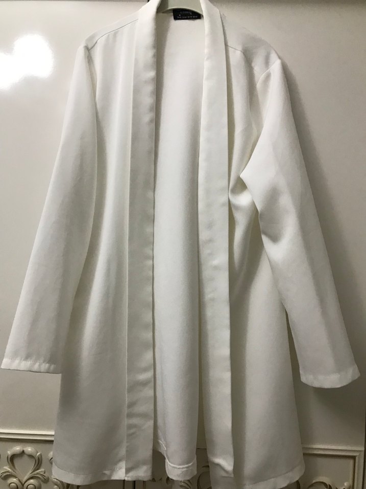 Beyaz Midi Kadın Uzun Kollu Salaş Ceket - Görsel 4